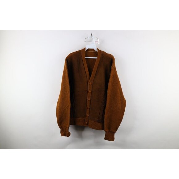 Vtg 50s Rockabilly Mens Large Suede Leather Wool Cable Knit Cardigan Sweater USA